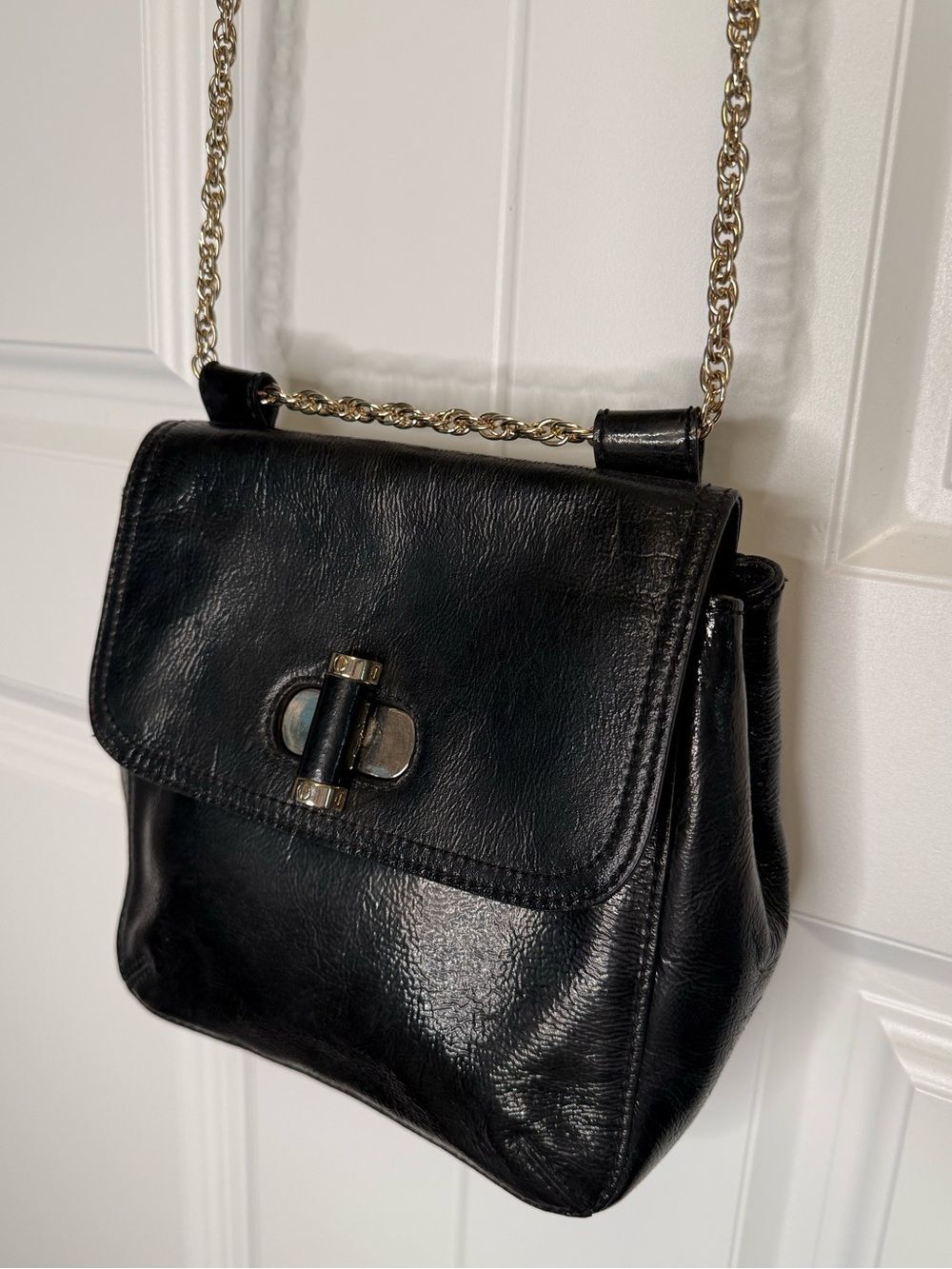 Vintage Talbots Black Genuine Leather Crossbody Bag Gold Chain Turn Lock